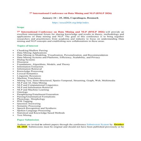 CFP : 7th International Conference on Data Mining and NLP (DNLP 2026 ...