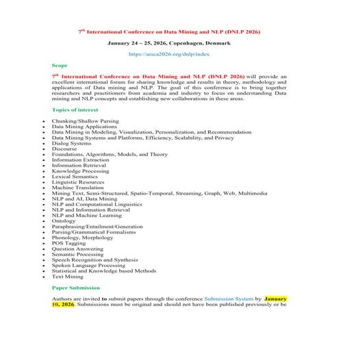 CFP - 6th International Conference on Data Mining and NLP (DNLP 2025) | PDF