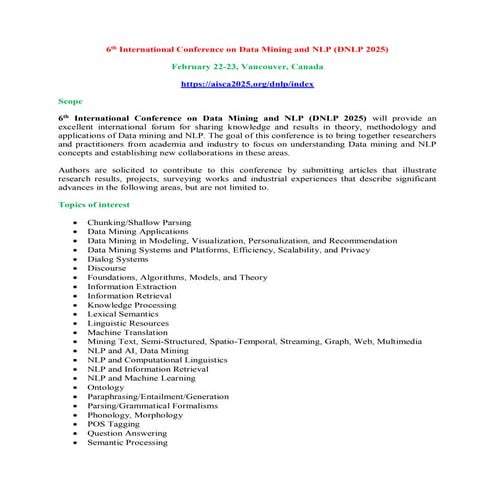 CFP - 6th International Conference on Data Mining and NLP (DNLP 2025) | PDF