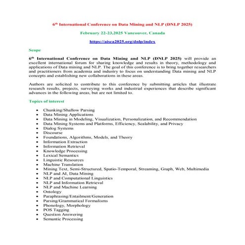 Call for Papers - 7th International Conference on Data Mining and NLP ...