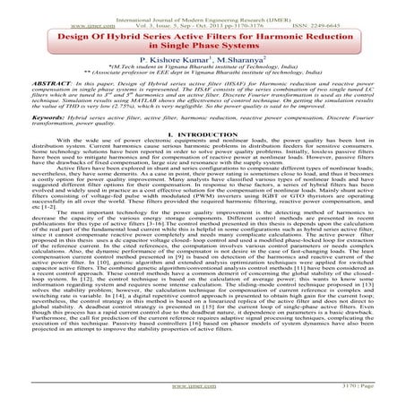 Design Of Hybrid Series Active Filters for Harmonic Reduction in Single Phase...