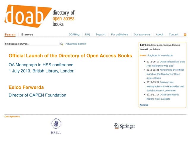 Launch of Directory of Open Access Books by Eelco Ferwerda