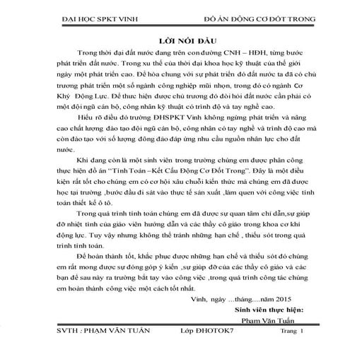 Đề tài: Tính Toán –Kết Cấu Động Cơ Đốt Trong, HAY, 9đ