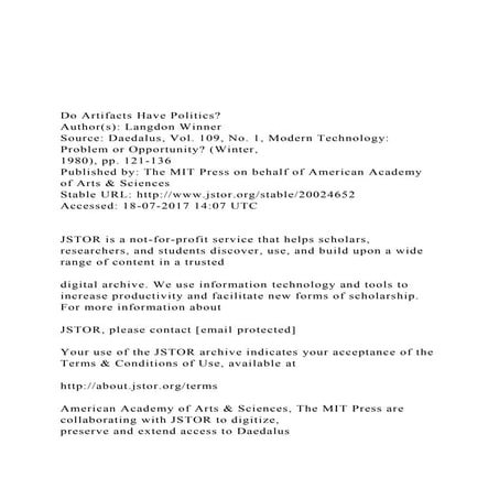  Do Artifacts Have PoliticsAuthor(s) Langdon WinnerS.docx