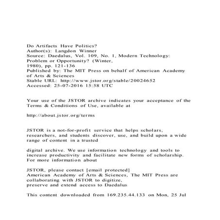  Do artifacts have politics author(s) langdon winnersou