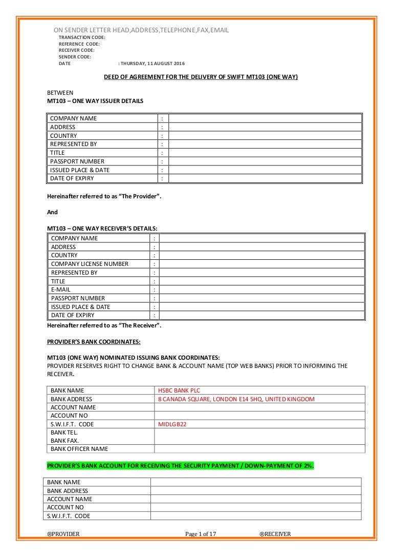 agreement bank draft WAY SWIFT ONE MT103 DOA agreement bank draft WAY SWIFT ONE MT103 DOA