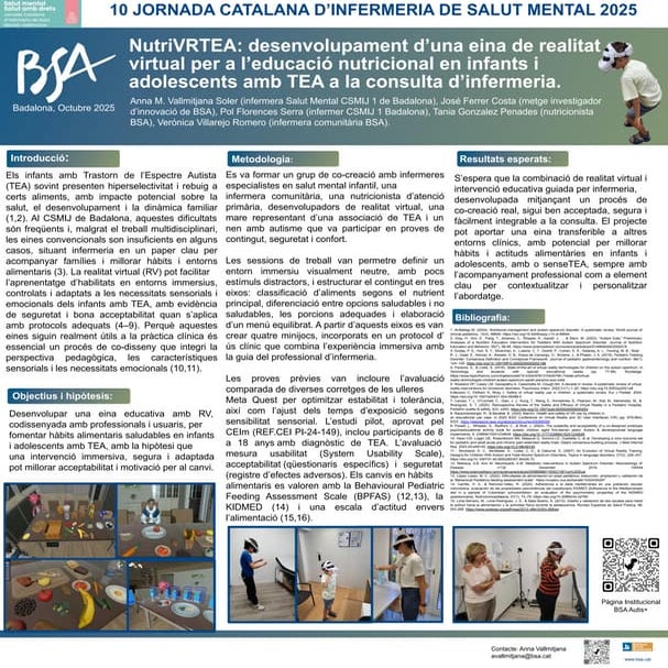 Pòster "NutriVRTEA: desenvolupament d'una eina de realitat virtual per a l'educació nutricional en infants i adolescents amb TEA a la consulta d'infermeria"
