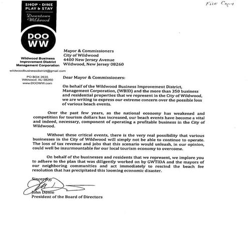 Wildwood Downtown Businesses' Letter Re: Beach Events 