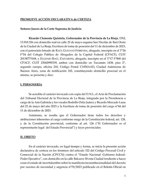La demanda del gobernador de La Rioja, Ricardo Quintela