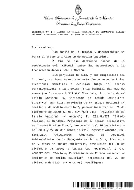 Corren vista a la Procuración por la demanda de La Rioja