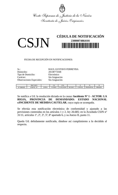 Cédula de notificación de la Corte Suprema de Justicia