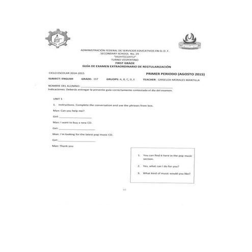 Guía Ingles 1° A,B,C,D,E