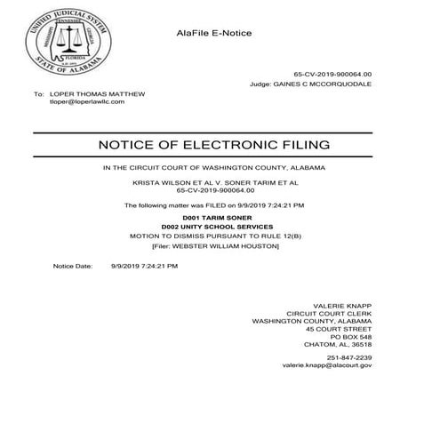 Soner Tarim Unity School Services motion to dismiss vs. Washington County #Gulen #WoodlandPreparator 