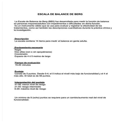 Escala de Berg (evaluacion del equilibrio en paciente neurologico) | PDF