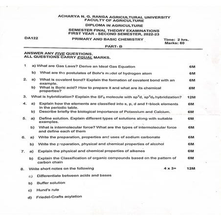 DA 122 english medium basic chemistry model papers