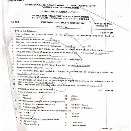 DA 122 ENGLISH MEDIUM BASIC CHEMISTRY MODEL PAPER