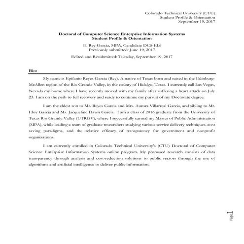 Doctorate Profile for E. Rey Garcia, MPA, DCS-ES Candidate