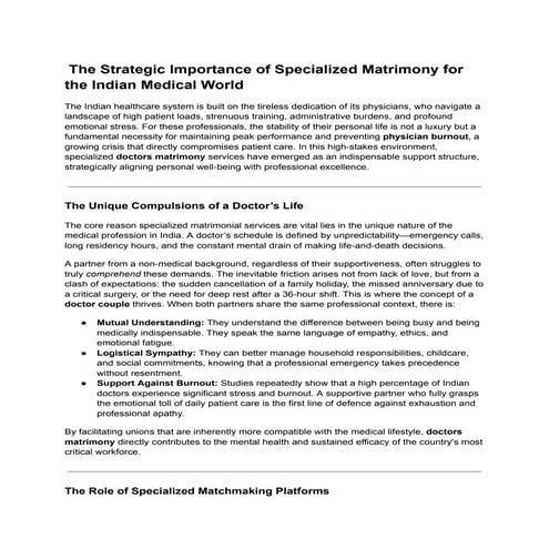 The Strategic Importance of Specialized Matrimony for the Indian Medical World