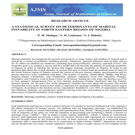 A STATISTICAL SURVEY ON DETERMINANTS OF MARITAL INSTABILITY IN NORTH EASTERN ...
