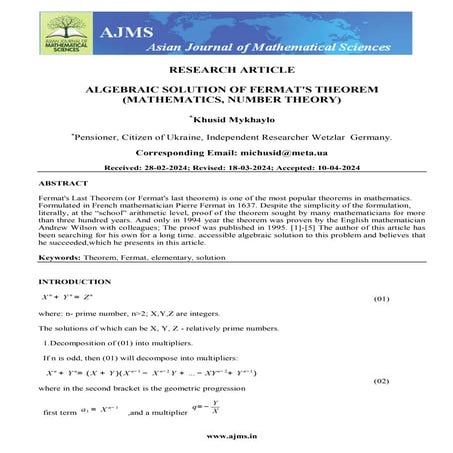ALGEBRAIC SOLUTION OF FERMAT'S THEOREM (MATHEMATICS, NUMBER THEORY)