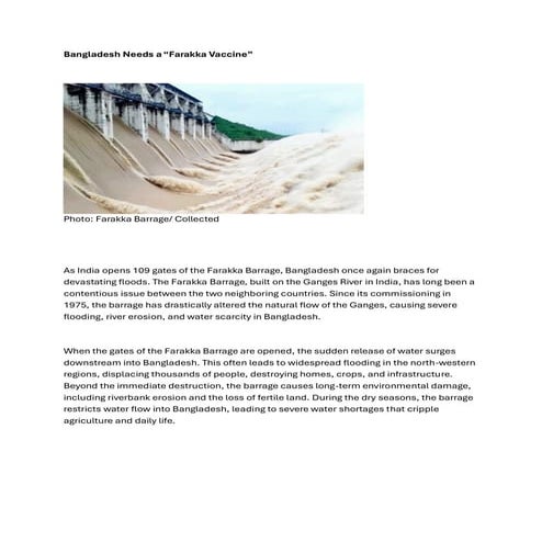 "Bangladesh Needs a 'Farakka Vaccine': Seeking sustainable solutions to mitig...