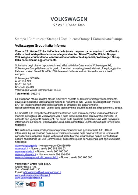 Volkswagen numeri ufficiali richiami Dieselgate