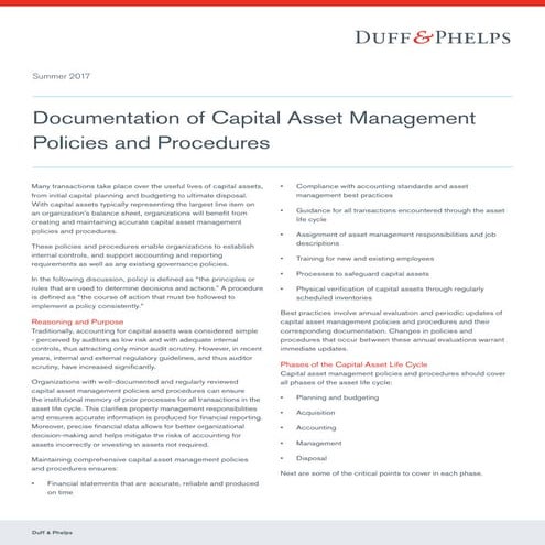Documentation of Capital Asset Management Policies and Procedures