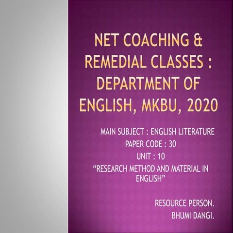 NET COACHING:DEPARTMENT OF ENGLISH, MKBU 2020.