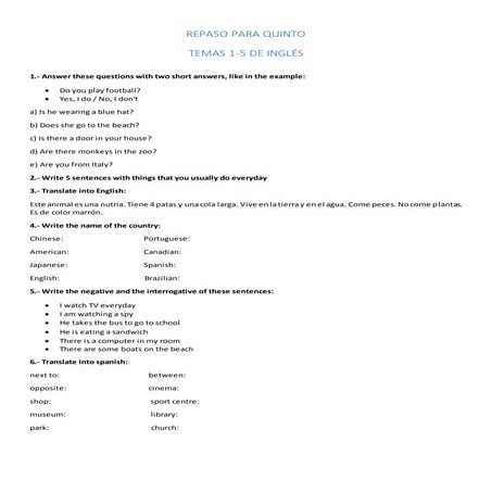 Repaso de Inglés de 5º