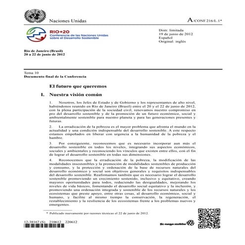 Documento final, Rio + 20 Brasil &rsquo;&rsquo;El futuro que queremos&rsquo;&...