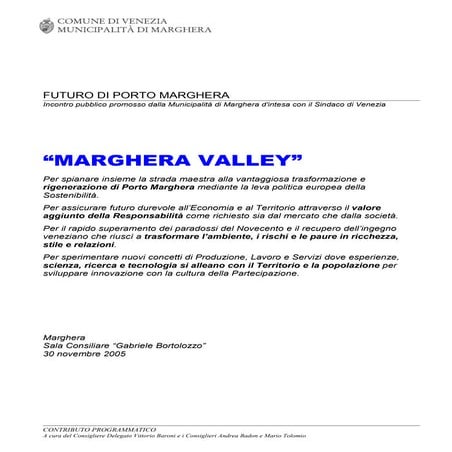 Documento "MARGHERA VALLEY", orientamenti per PORTO MARGHERA