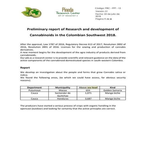 Document on cannabis in colombia 2018 by Dr. José Vitelio Pineda Monge