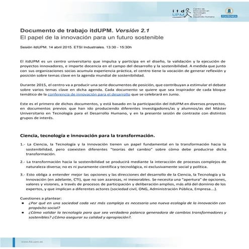 Documento de trabajo. El papel de la innovación para un futuro sostenible