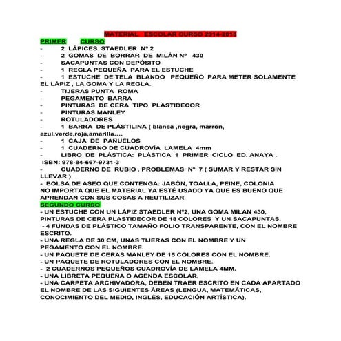 MATERIAL ESCOLAR CURSO 2014-2015