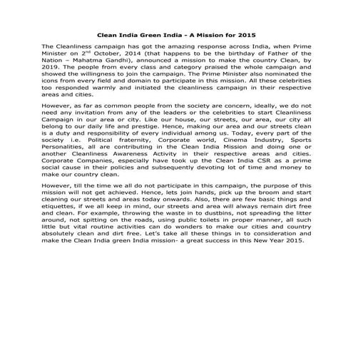 Clean India Green India - A Mission for 2015 | PDF