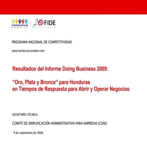 Doing Business 2009 Oro, Plata Y Bronce Para Honduras En Tiempos Para Abrir Y...