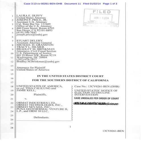 TINA CALILUNG & JAMIE KELL vs. Ormat, DOJ declines to intervene | PDF