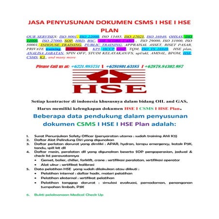 JASA PENYUSUNAN HSE I CSMS I HSE PLAN I telp +2813801.63185 I +621. ...