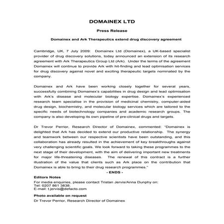 Domainex Ark Press Release June 2009 Final