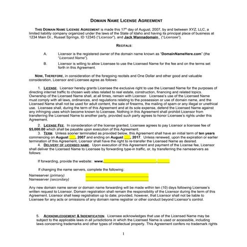 Domain Name License Agreement PDF