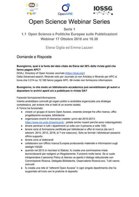 Open Science and European Publications Policies - Webinar - Q&A