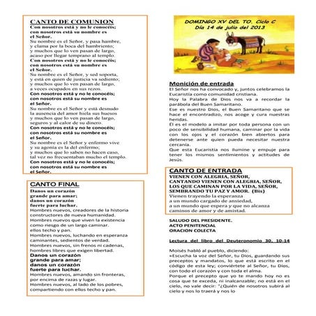 Domingo XV de Tiempo Ordinario Ciclo C. día 14 de julio del 2013.