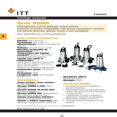 Pompa Sommegibile Lowara DOMO 10/B - Per Acque Reflue, 0.75KW, Monofase 230V - Foto 3