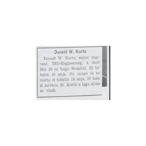 Donald W. Kurtz Obituary from 1957 Aruba newspaper stating his death was on M...