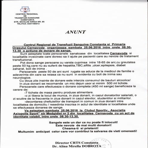 Anunț donare sânge Cernavodă 25-iunie-2016