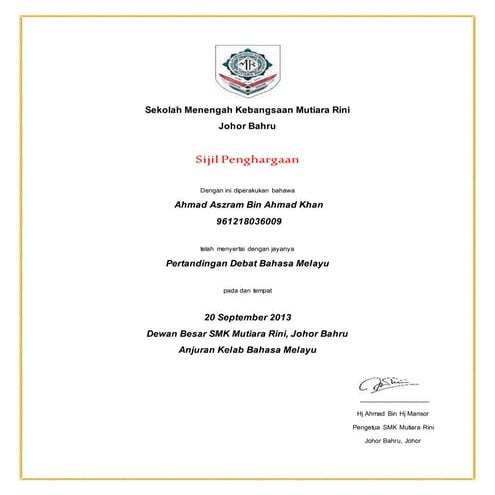 Contoh Sijil Penghargaan (Mail Merge)