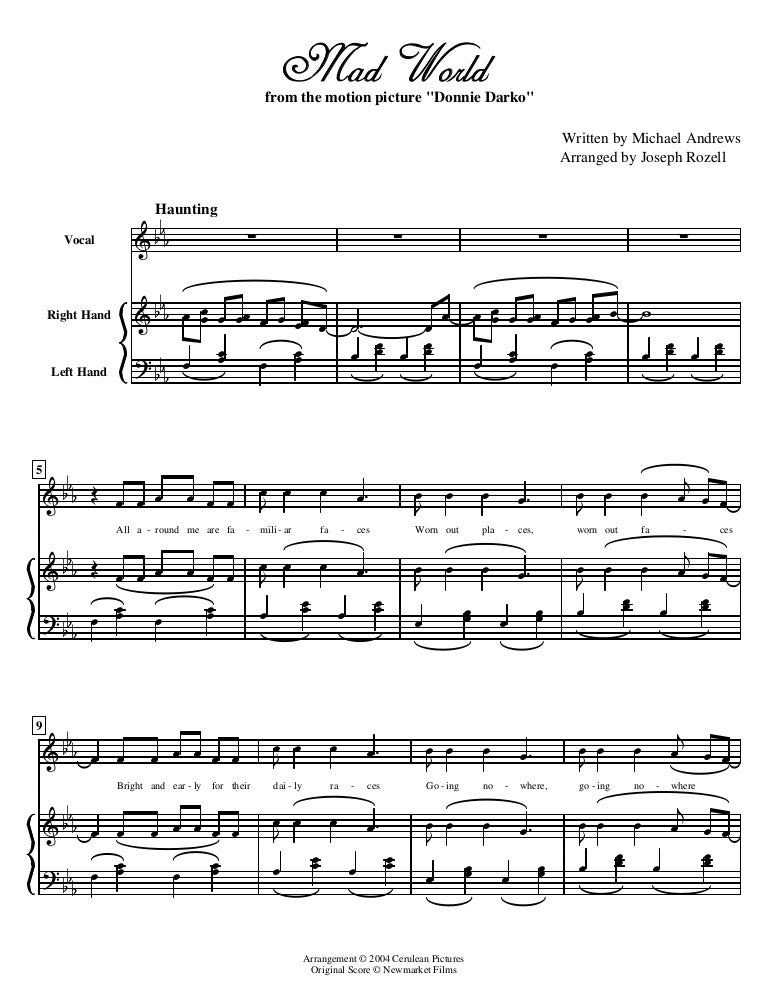 donnie darko mad world michael andrews transcription mad world piano sheet music