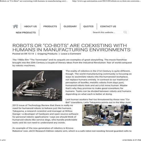 Robots or “Co-Bots” are coexisting with humans in manufacturing environments