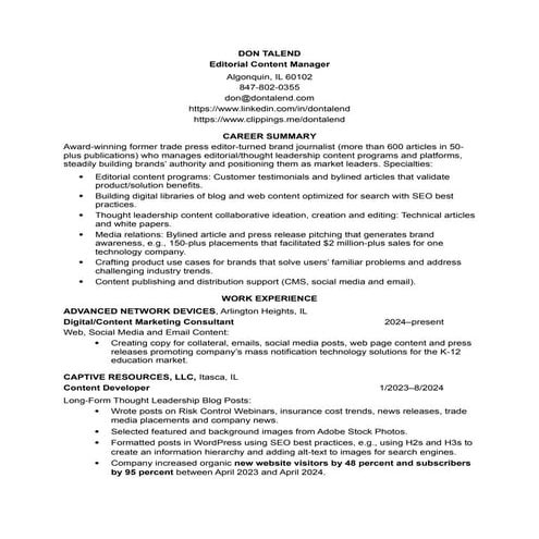DonTalend Editorial Content Manager Resume