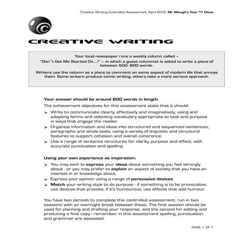 Don't get me started controlled assessment task